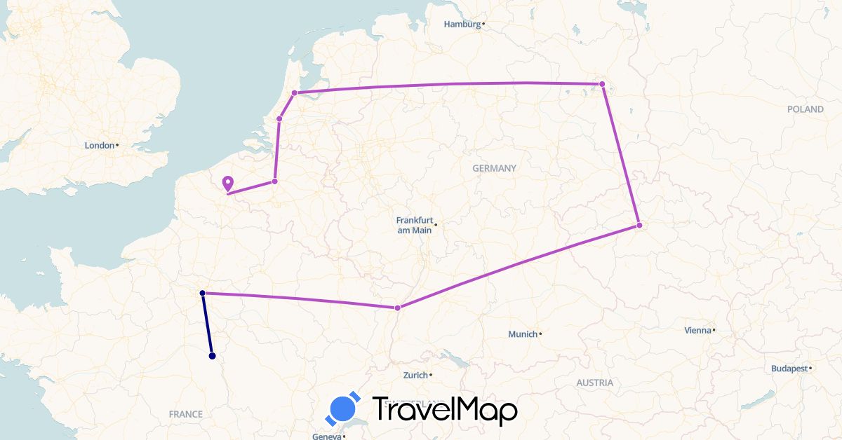 TravelMap itinerary: driving, bus, train in Belgium, Czech Republic, Germany, France, Netherlands (Europe)